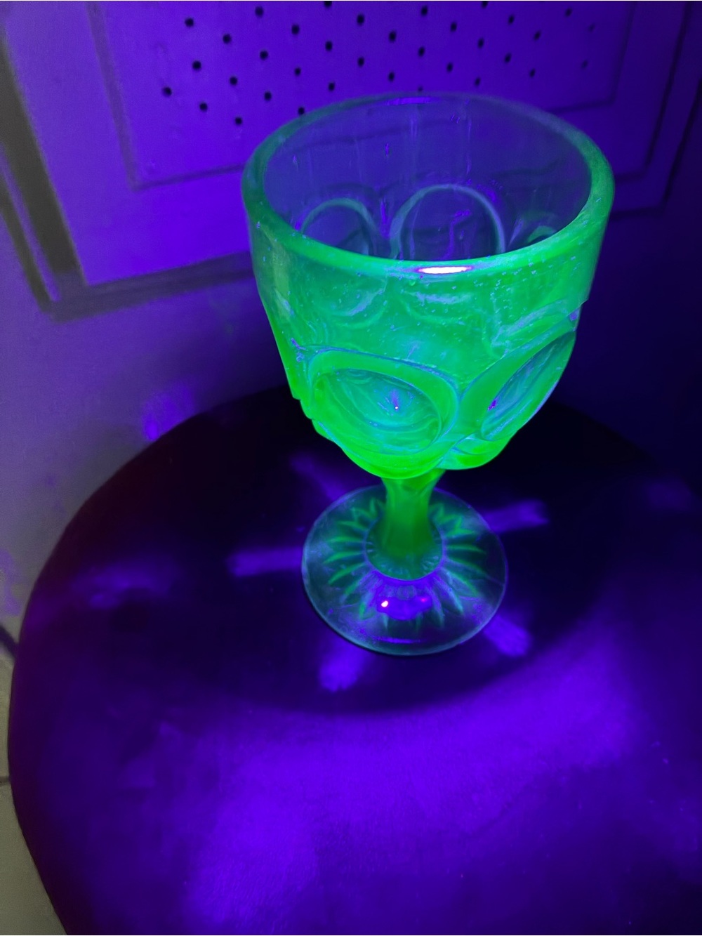 Antique EAPG Emerald Green Water Glass Crystal Wine Goblet Sandwich UV Reactive
